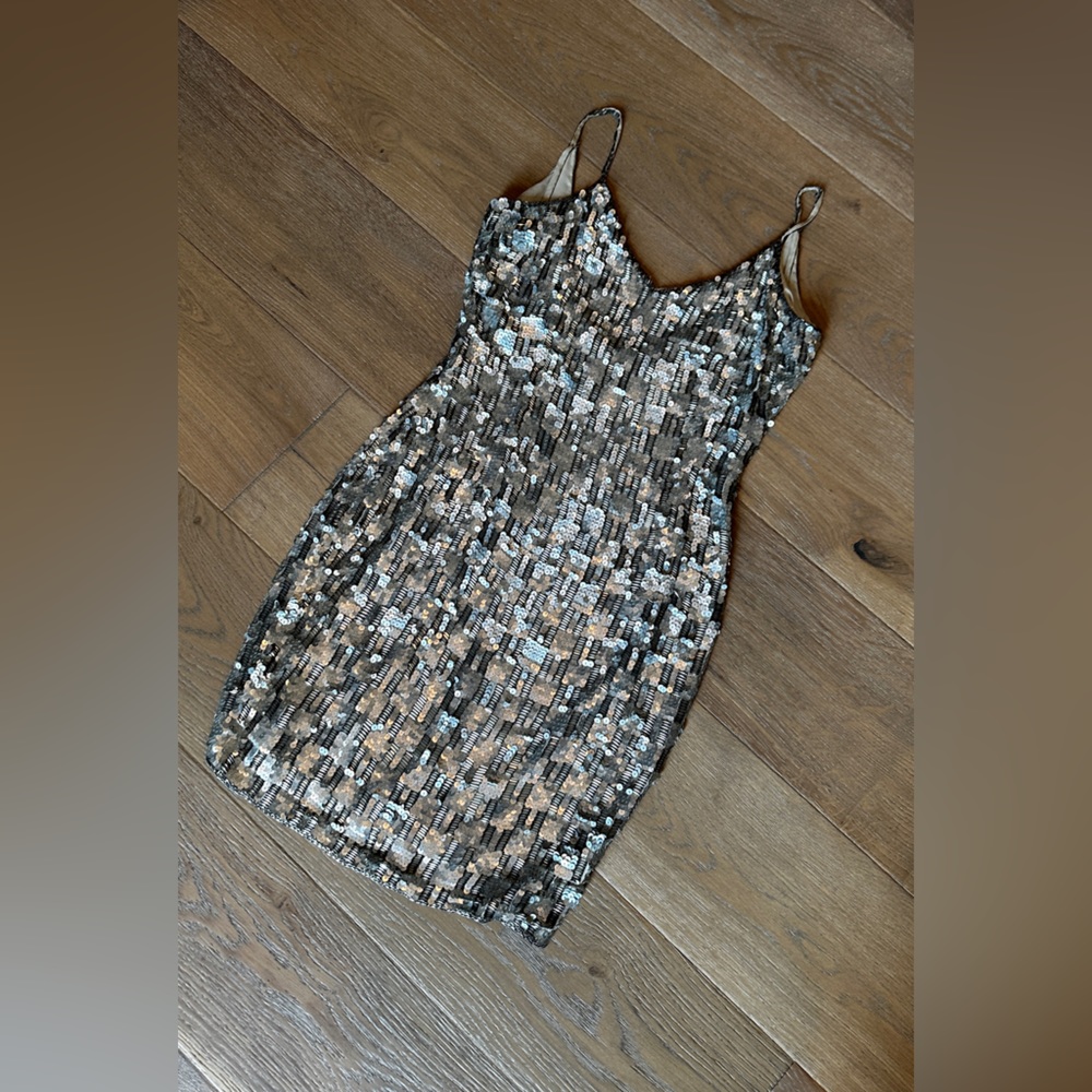 Silver sequined cocktail dress.